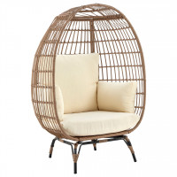Manhattan Comfort OD-HC002-CR Spezia Freestanding Steel and Rattan Outdoor Egg Chair with Cushions in Cream